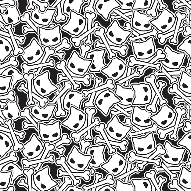 cat seamless pattern head crossbones halloween icon character cartoon