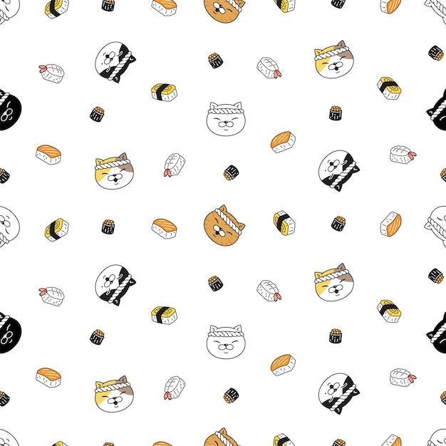 cat seamless pattern kitten calico chef sushi japan food