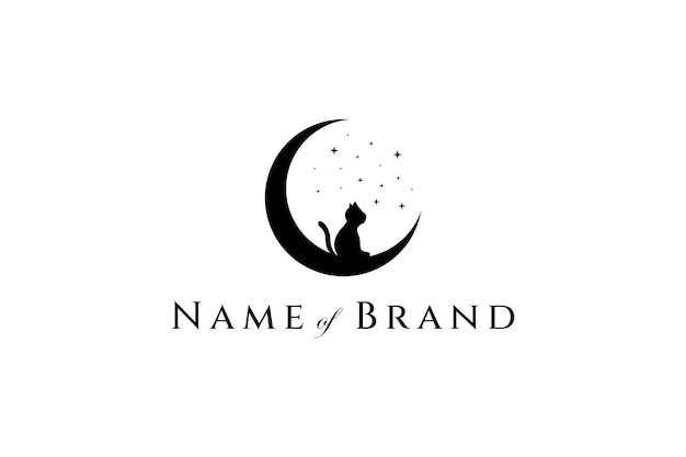 Cat silhouette logo over crescent moon with stars decoration in simple flat style design