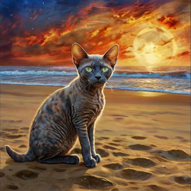 Vector a cat sits on the beach and looks at the moon