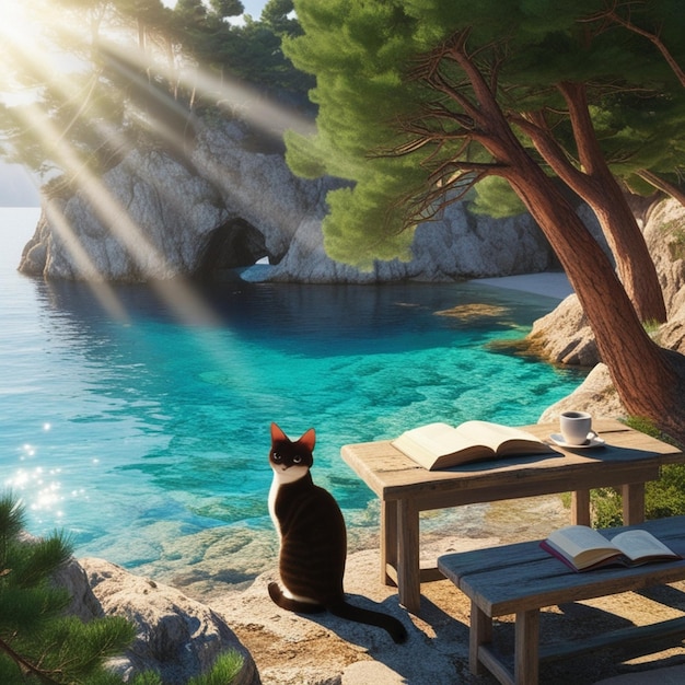 Vector a cat sits on a beach with a book in front of it