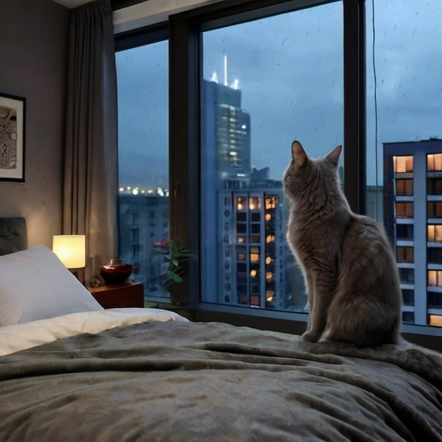 a cat sits on a bed looking out a window