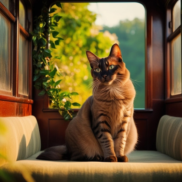 a cat sits on a bench in a train car