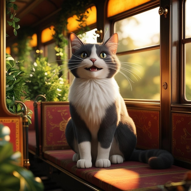 a cat sits on a bench with a red and gold colored chair