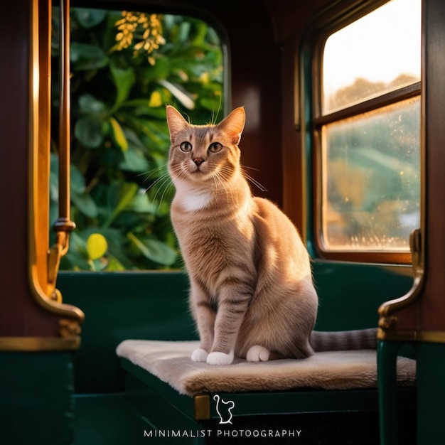 Vector a cat sits on a bench with a window in the background