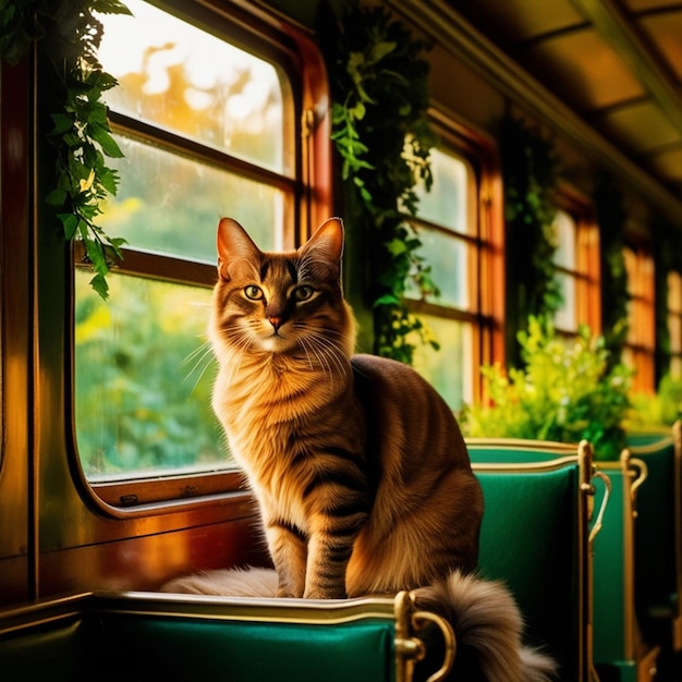 a cat sits on a bench with a window that says  go