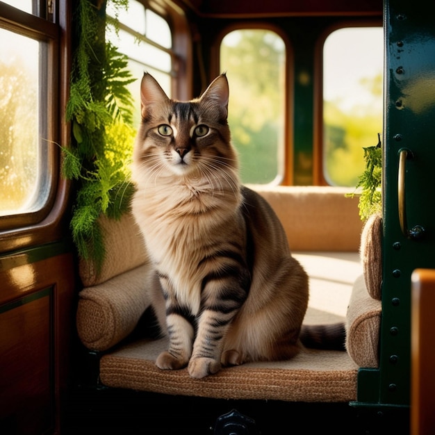 a cat sits on a chair in a vehicle