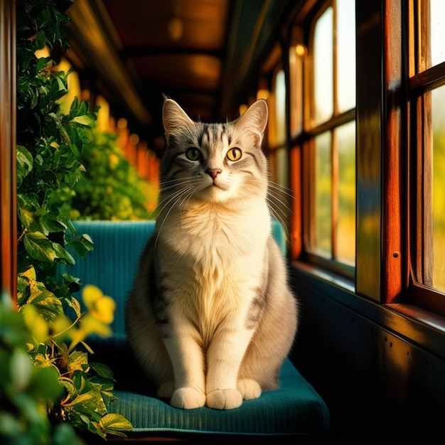 a cat sits on a chair with a window behind it