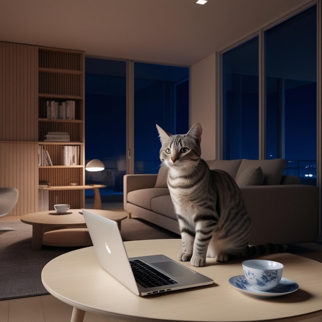 a cat sits on a coffee table next to a laptop