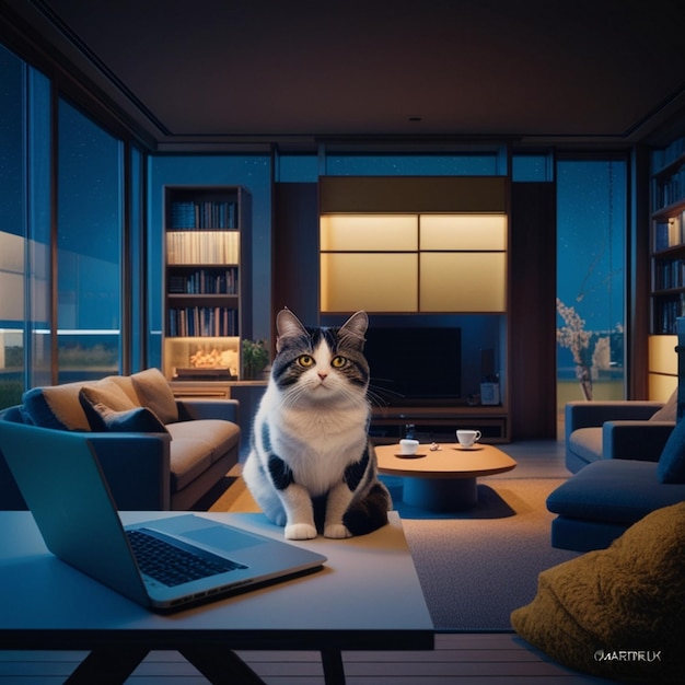 a cat sits on a coffee table in a living room