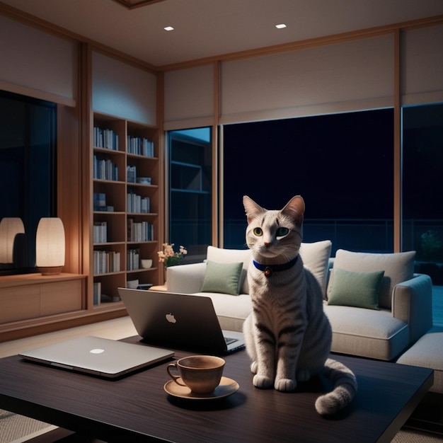 a cat sits on a coffee table with a laptop on it