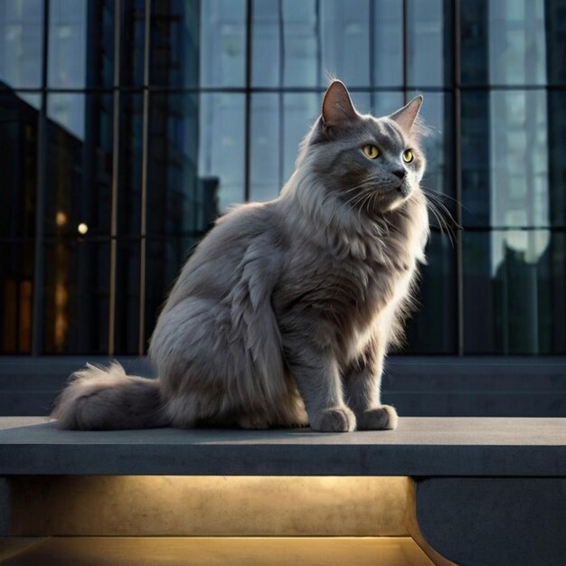 Vector a cat sits on a concrete ledge in front of a building