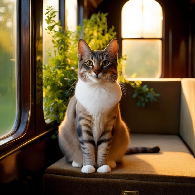 Vector a cat sits on a couch in front of a window