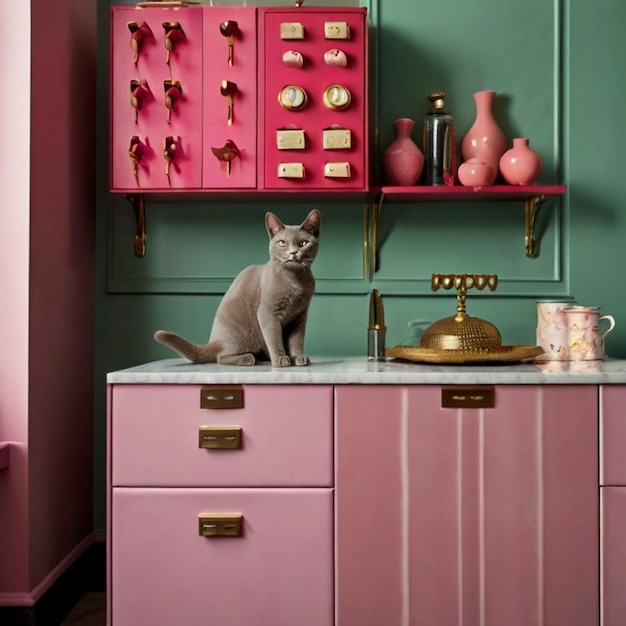 Vector a cat sits on a counter in a pink cabinet with a gold lock