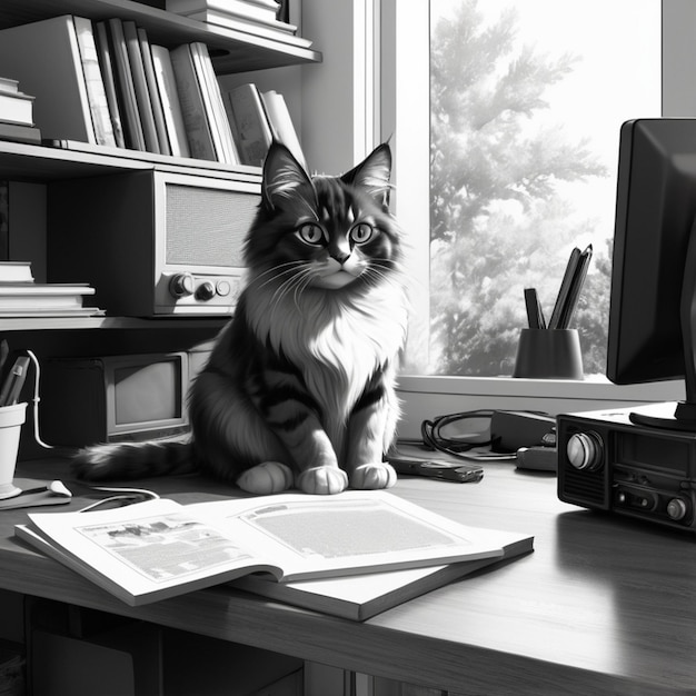 Vector a cat sits on a desk next to a computer monitor