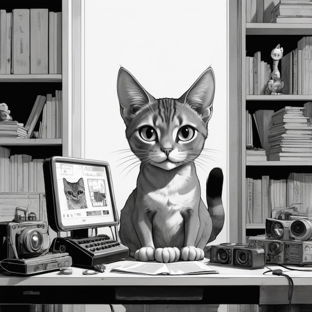 a cat sits on a desk next to a laptop and a mouse