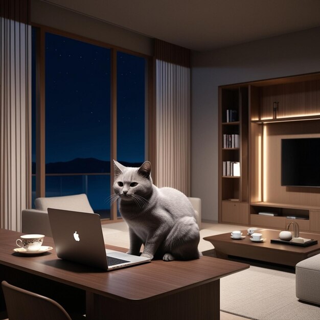 a cat sits on a desk in a room with a window with the stars on the sky in the background