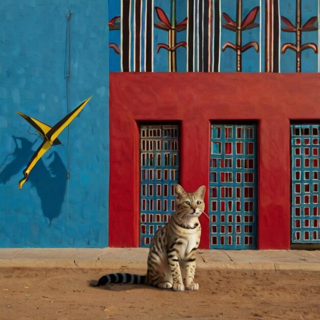 Vector a cat sits in front of a building with a bird flying in the background