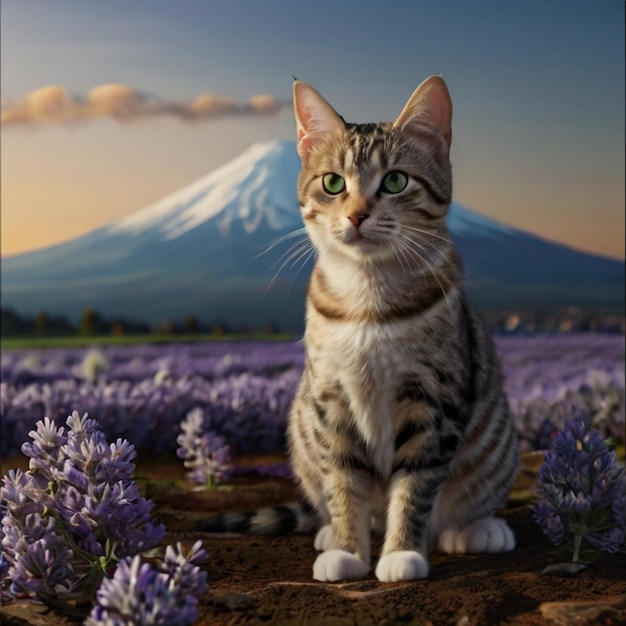 a cat sits in front of a mountain with a mountain in the background