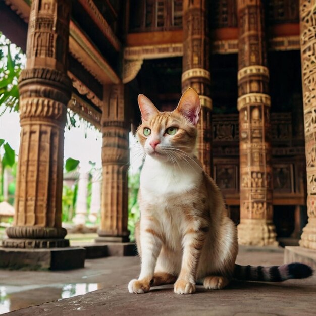 Vector a cat sits in front of a temple with a sign that says  w