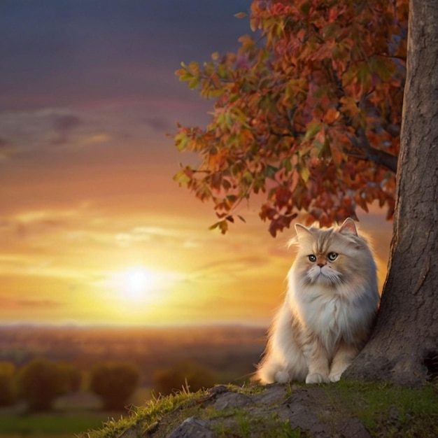 Vector a cat sits in front of a tree and looks at the sunset