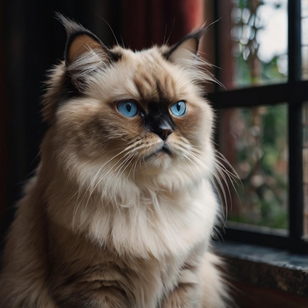 a cat sits in front of a window with a red curtain