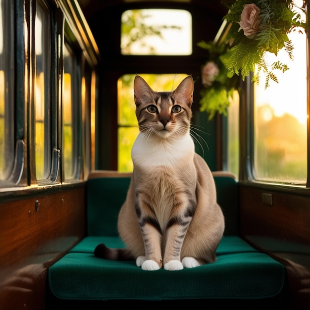 a cat sits on a green bench in a train