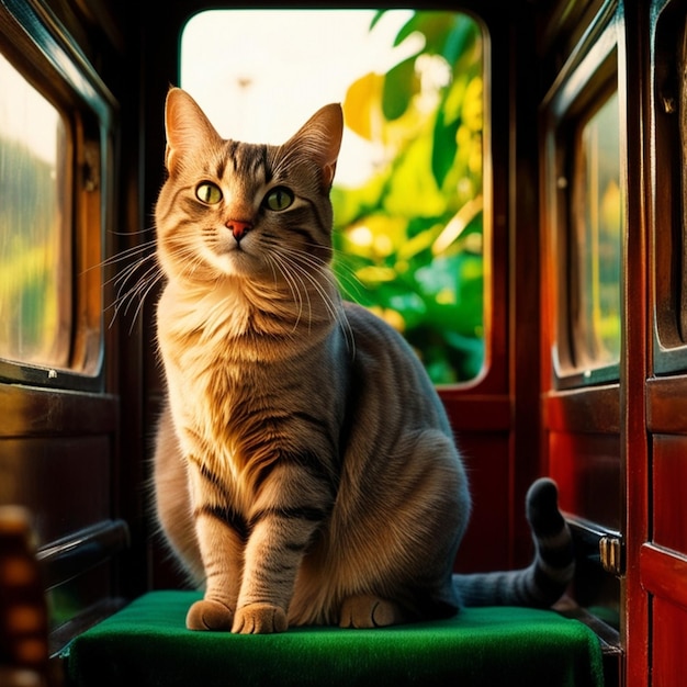 a cat sits on a green chair with the words  cat  on the side