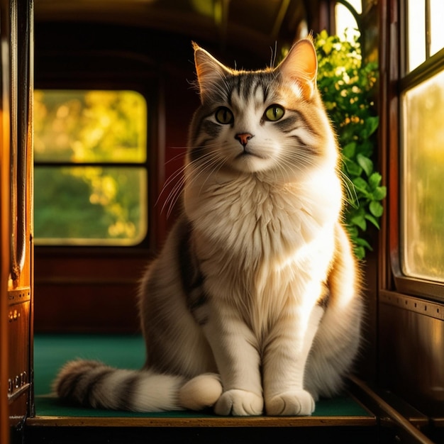 a cat sits on a green platform in front of a window