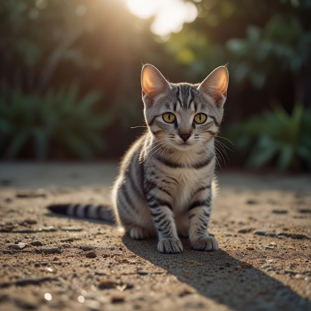 Vector a cat sits on the ground in front of a sunset