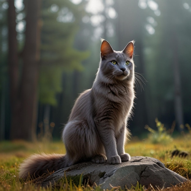 a cat sits on a log in the woods