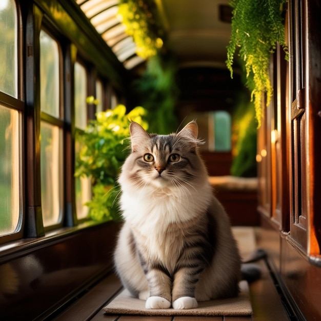 a cat sits on a mat in front of a window with a green plant in the background