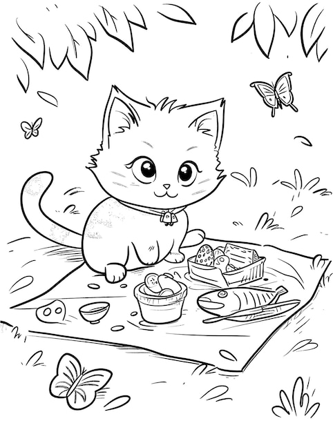 Vector a cat sits on a picnic mat with a cat on it