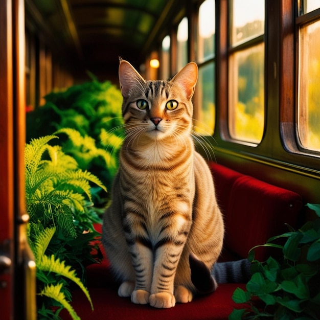 a cat sits on a red chair in a garden