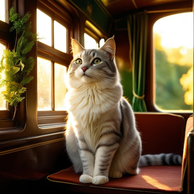 a cat sits on a red chair with a green plant in the window