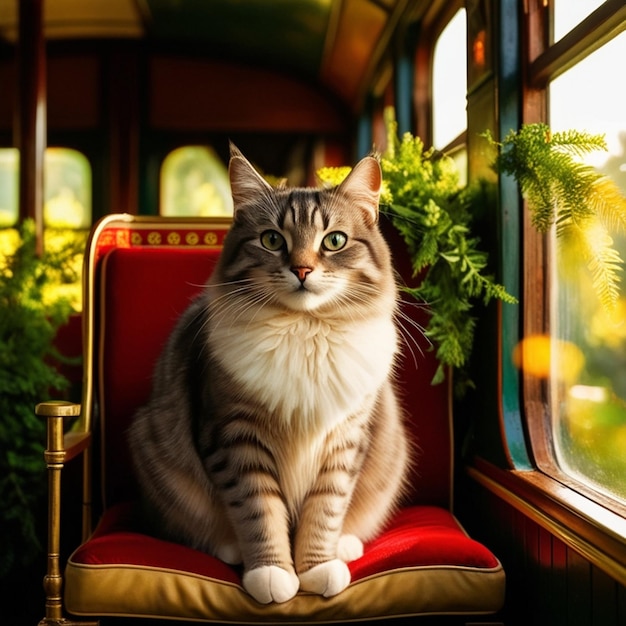 a cat sits on a red chair with a tree in the background