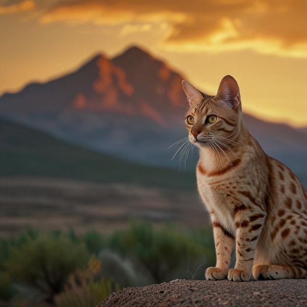 a cat sits on a rock in front of a mountain