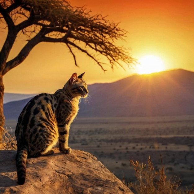 a cat sits on a rock in front of a sunset