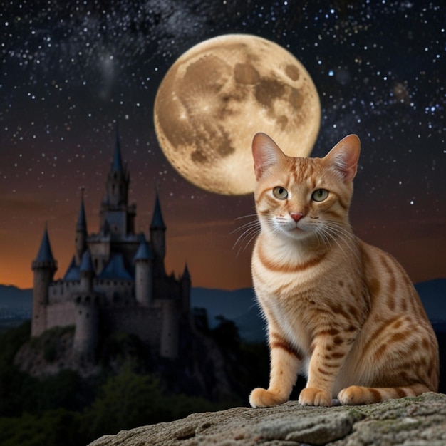 a cat sits on a rock with a castle in the background