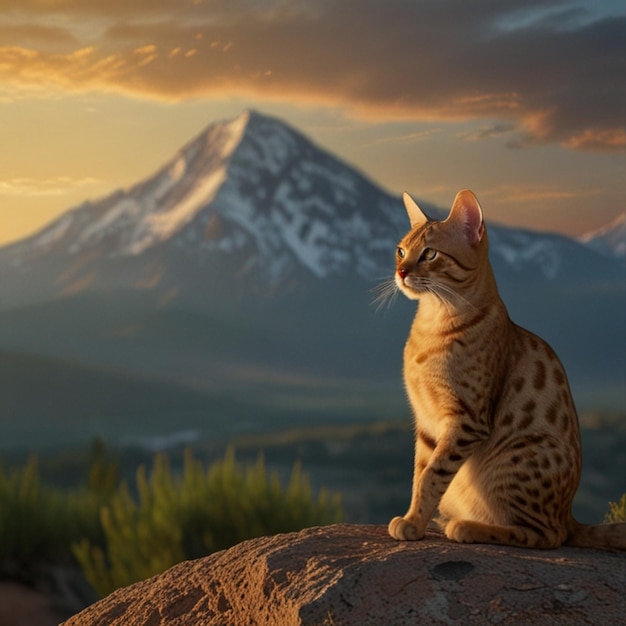 Vector a cat sits on a rock with a mountain in the background