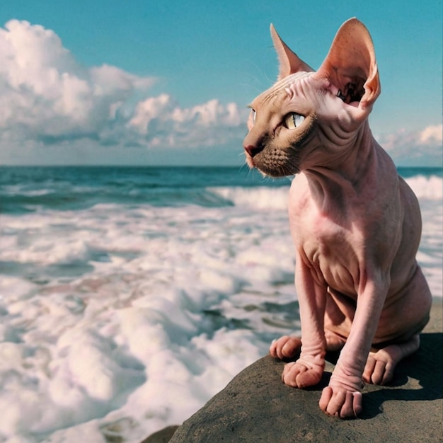 a cat sits on a rock with the ocean in the background