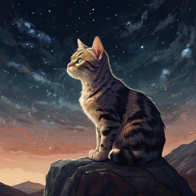 a cat sits on a rock with the stars in the background