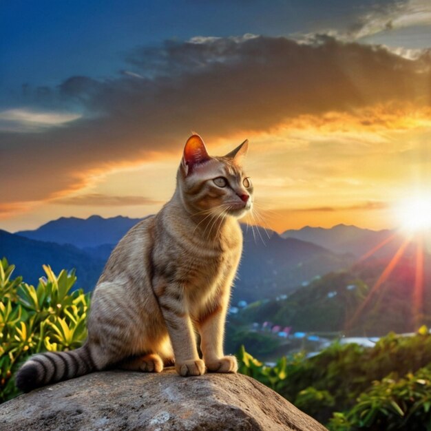 Vector a cat sits on a rock with the sun behind it