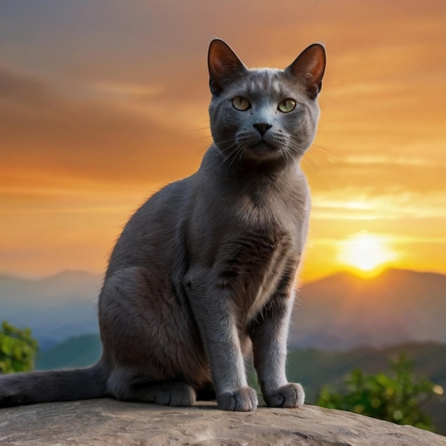 a cat sits on a rock with the sun behind it