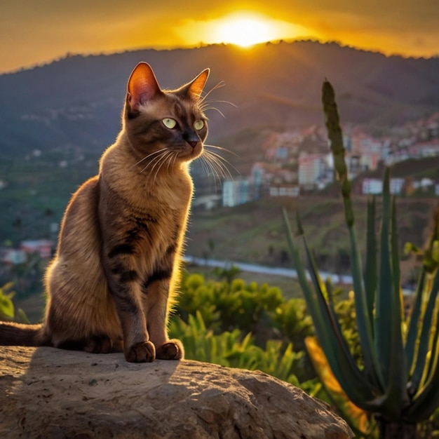 a cat sits on a rock with the sun setting behind it