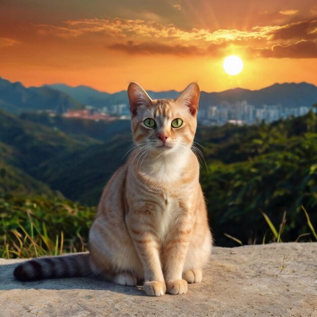 Vector a cat sits on a rock with the sun setting behind it