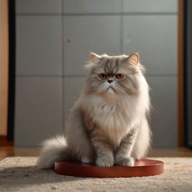 a cat sits on a round disc in front of a gray wall