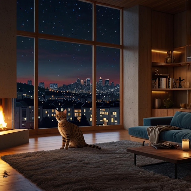 a cat sits on a rug in front of a window with the night sky in the background