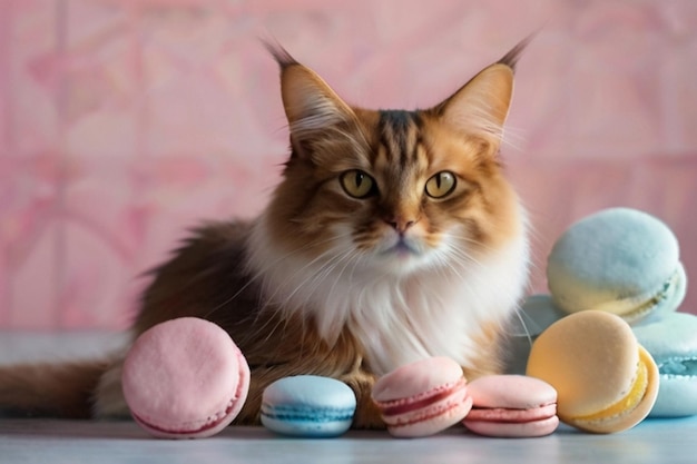 a cat sits next to some candies and a pink background