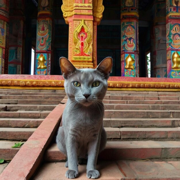 Vector a cat sits on steps in front of a building with a red step